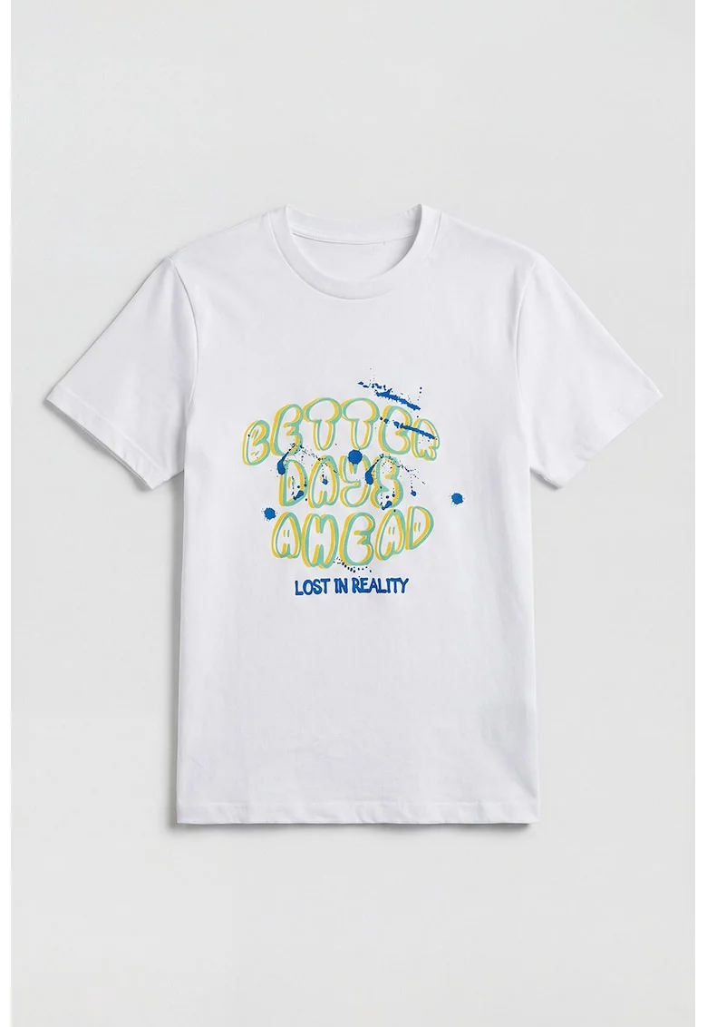 Tricou cu imprimeu si decolteu rotund, Alb/Galben/Verde deschis