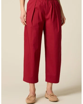 Pantaloni crop relaxed fit cu talie elastica, Rosu inchis