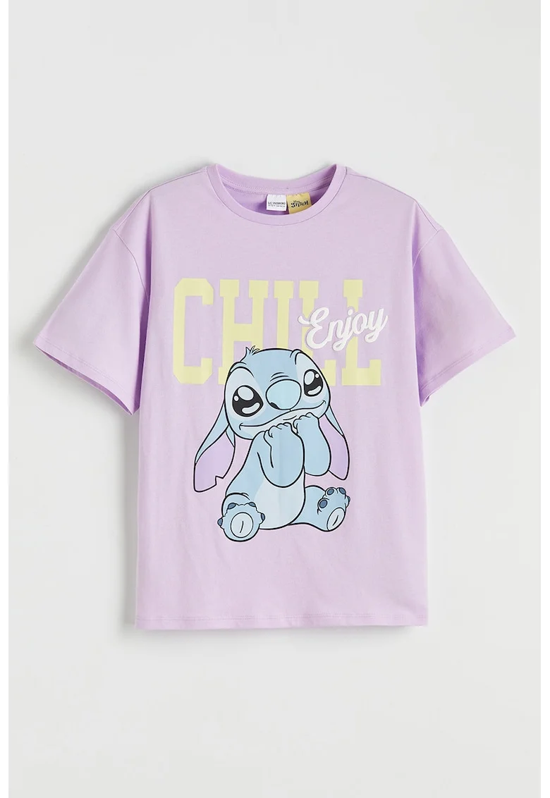 Tricou de bumbac cu imprimeu Stitch, Galben pai/Lila/Albastru deschis