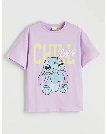 Tricou de bumbac cu imprimeu Stitch, Galben pai/Lila/Albastru deschis