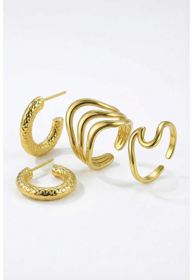 Set de cercei si inele placat cu aur de 18K - 4 piese, Auriu