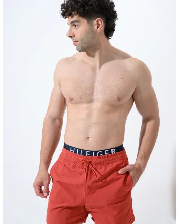 Pantaloni scurti de baie cu banda logo in talie, Rosu mac