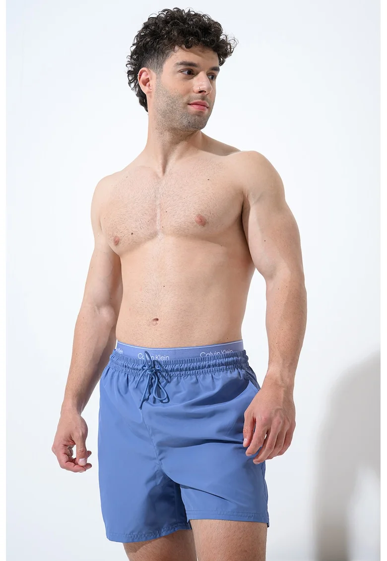 Pantaloni scurti de baie cu banda elastica cu logo, Albastru stins