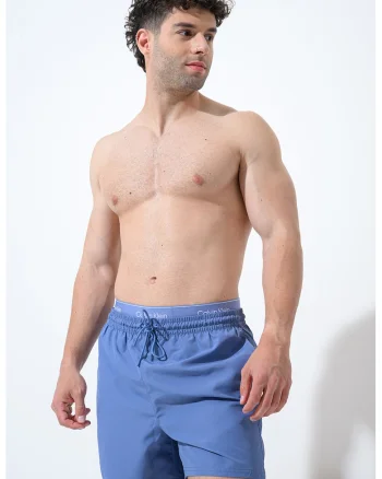 Pantaloni scurti de baie cu banda elastica cu logo, Albastru stins
