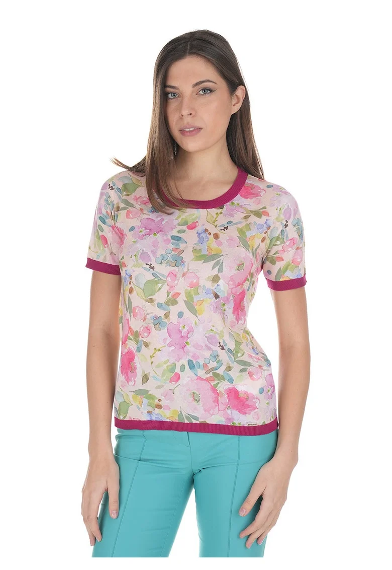 Tricou cu imprimeu floral si decolteu la baza gatului