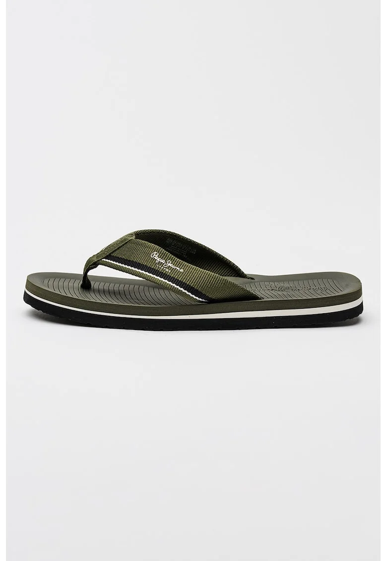 Papuci flip-flop din material textil cu logo, Alb/Negru/Kaki inchis