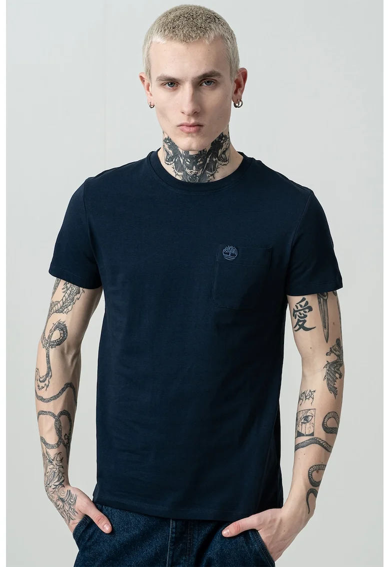 Tricou din bumbac cu buzunar aplicat pe piept Dun-Riv, Albastru prafuit/Bleumarin