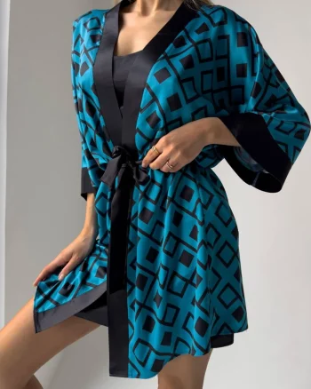 Set Halat & Camasa de noapte „Geometric Glam” – 2301395, Negru / Turcoaz