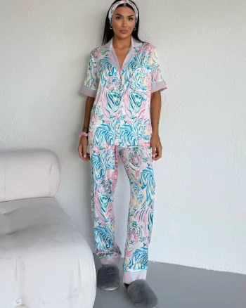 Set pijama dama din doua piese, cu nasturi – 2500382, Mint Tiger Vibe