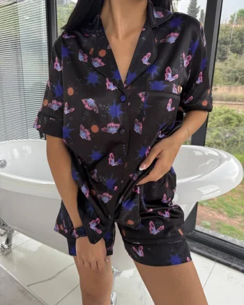Set pijama dama din doua piese, cu nasturi – 2500116, Midnight Butterfly