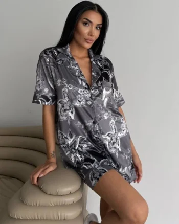 Set pijama dama din doua piese, cu nasturi – 2500099, Gri Floral
