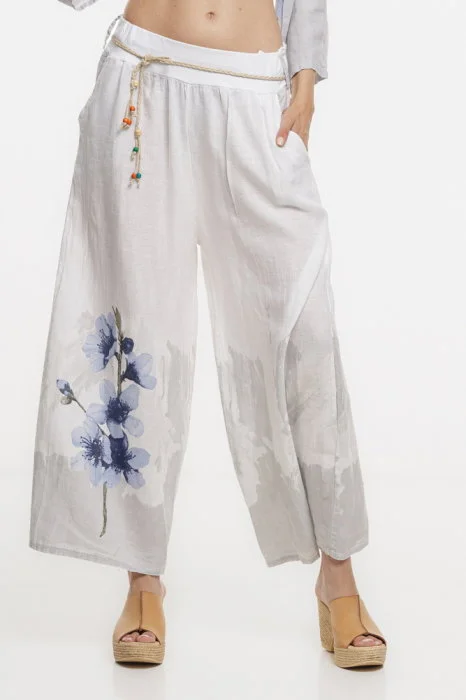 Pantaloni de vara largi din in alb cu imprimeu floral artistic