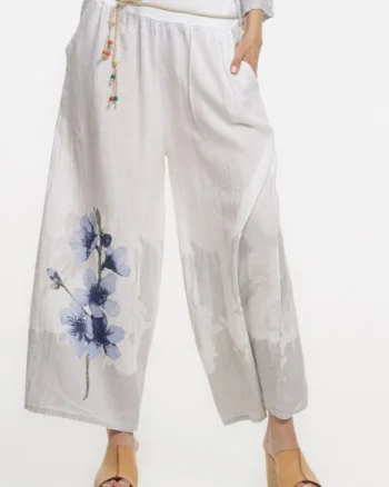 Pantaloni de vara largi din in alb cu imprimeu floral artistic