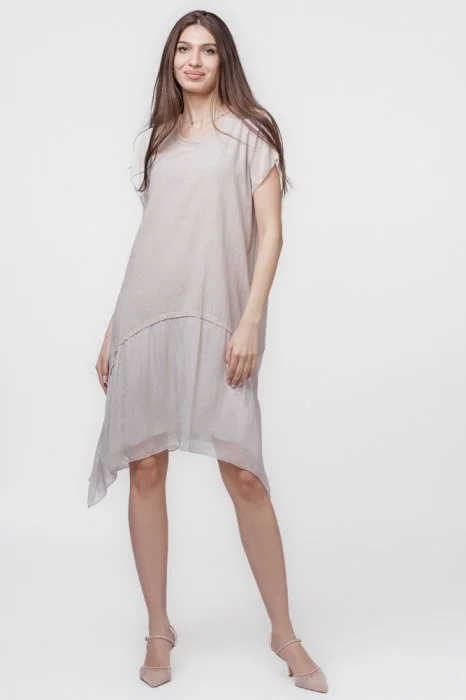 Rochie din in cu volan din matase naturala si colturi, bej