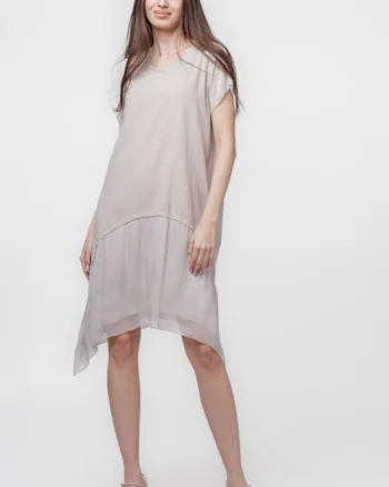 Rochie din in cu volan din matase naturala si colturi, bej