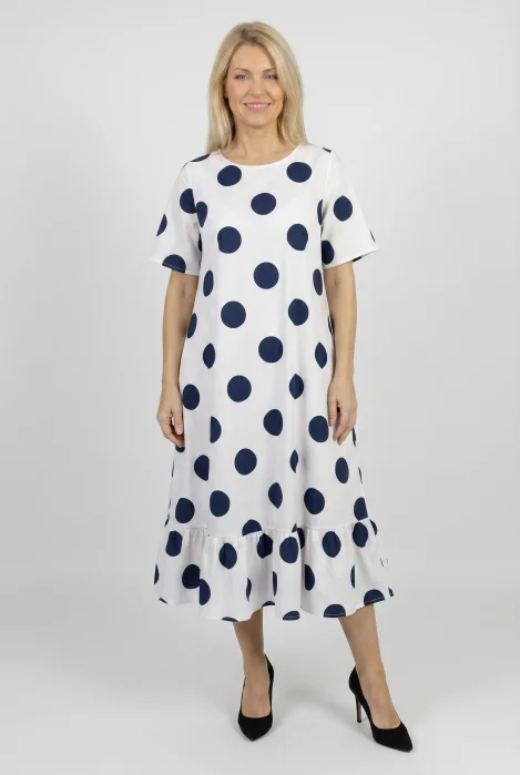 Rochie midi lejera cu volan si imprimeu buline alb-bleumarin