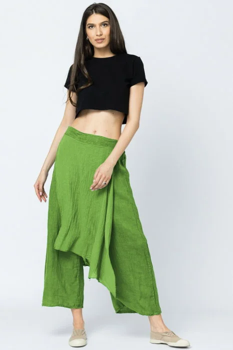 Pantaloni de vara din in, cu aplicatii pe fata si spate, verde olive