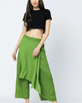 Pantaloni de vara din in, cu aplicatii pe fata si spate, verde olive
