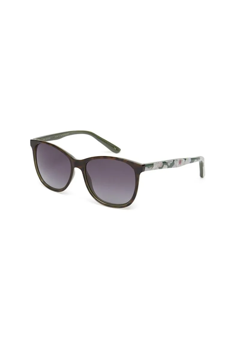 Ochelari de soare patrati cu model floral pe brate, Verde/Maro inchis