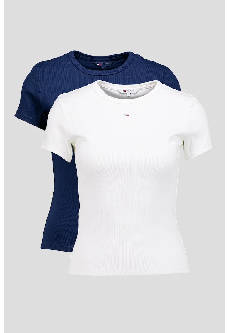 Set de tricouri slim fit cu decolteu la baza gatului - 2 piese, Alb/Bleumarin