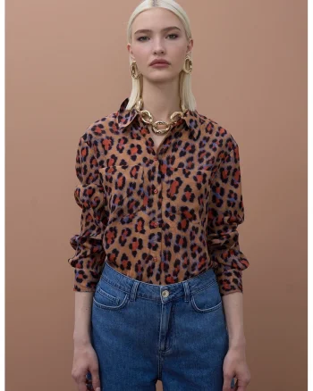 Camasa cu model animal print, Portocaliu/Albastru