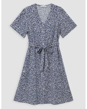 Rochie evazata cu imprimeu floral, Crem/Bleumarin
