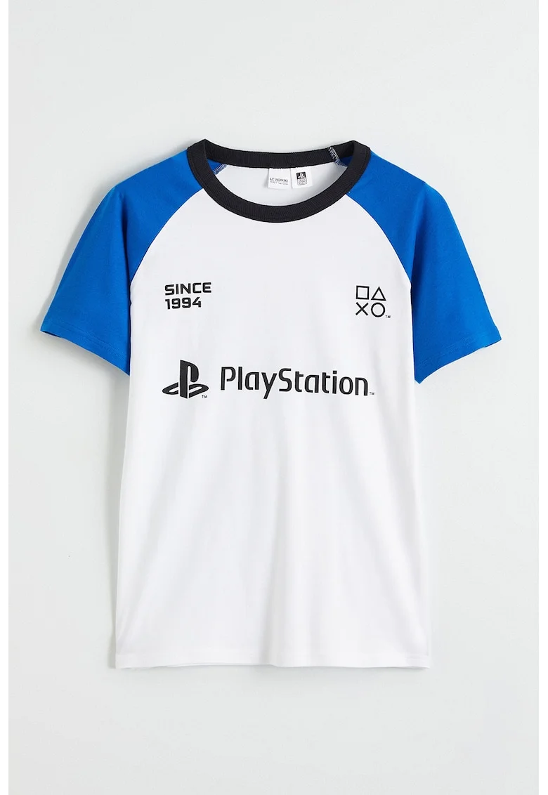 Tricou cu imprimeu si maneci raglan PlayStation, Alb/Albastru