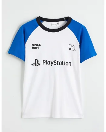 Tricou cu imprimeu si maneci raglan PlayStation, Alb/Albastru