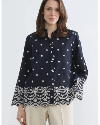 Camasa de bumbac cu broderie, Bleumarin