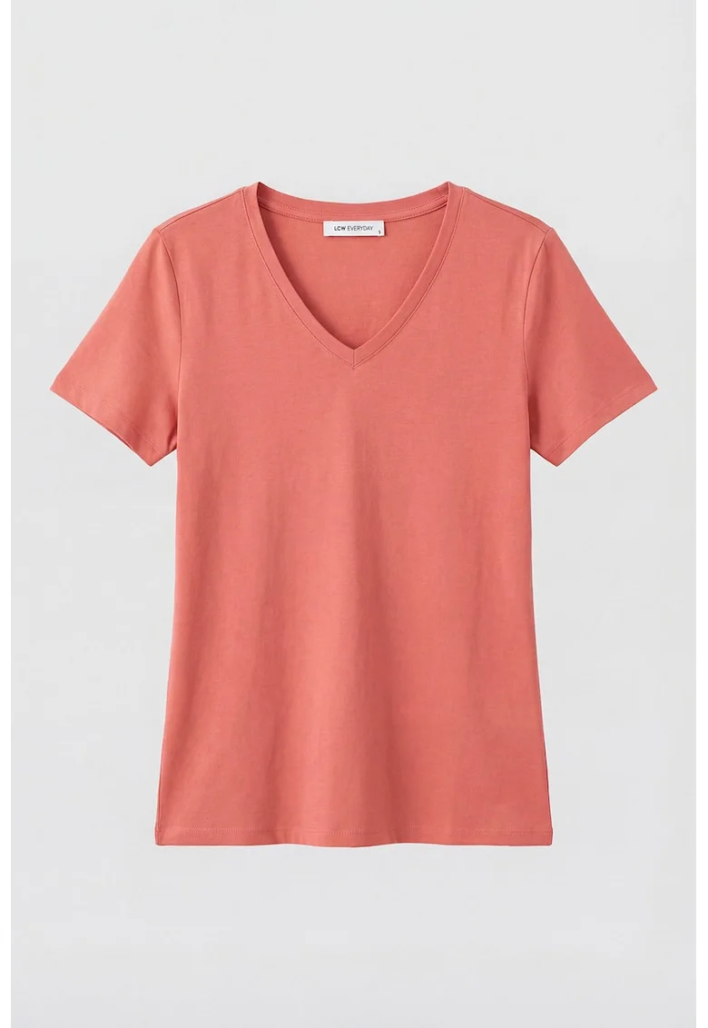 Tricou din amestec de bumbac cu decolteu in V, Roz somon