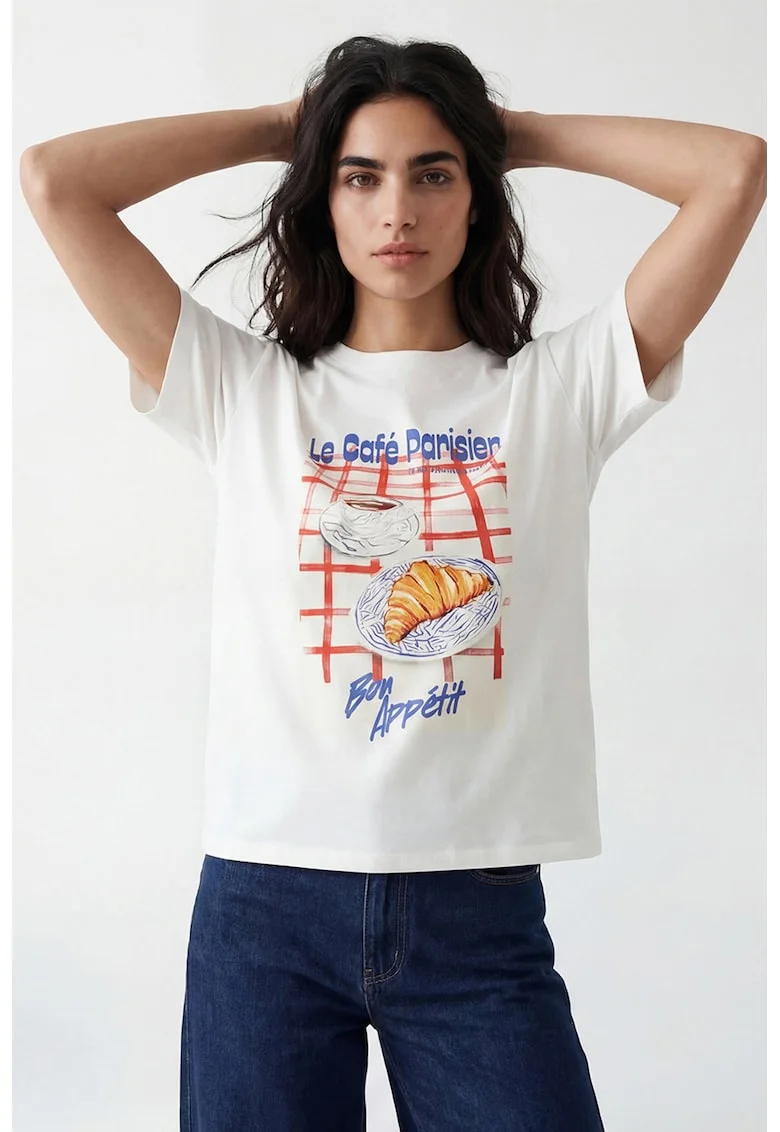 Tricou cu decolteu la baza gatului si imprimeu grafic, Alb