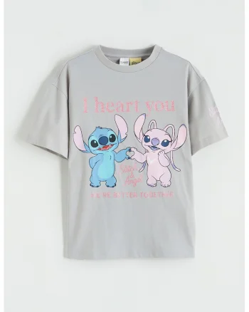 Tricou din bumbac cu imprimeu cu Stitch, Gri deschis