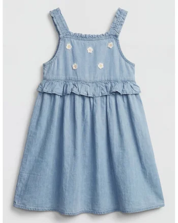Rochie din denim cu volane si broderii florale, Albastru deschis