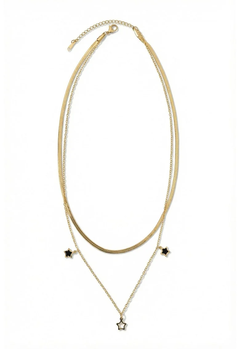 Colier cu siraguri multiple si placat cu aur de 18K, decorat cu pandantive stea, Auriu/Negru