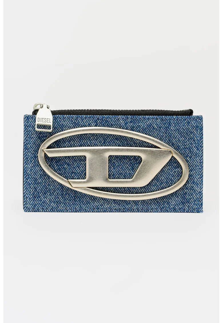 Portofel din piele si denim cu logo, Albastru prafuit