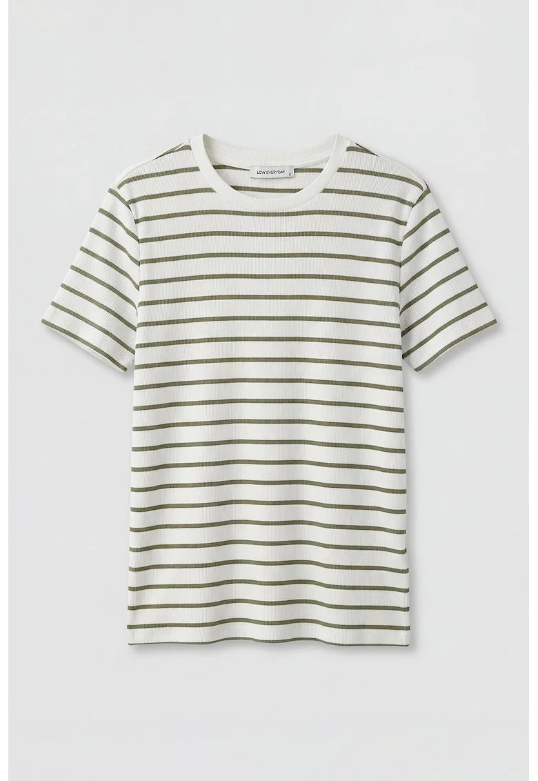 Tricou din amestec de bumbac cu model in dungi, Kaki inchis/Alb murdar