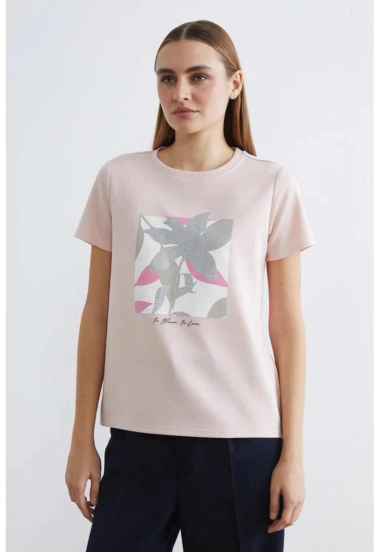 Tricou cu decolteu rotund si imprimeu stralucitor, Roz prafuit deschis/Argintiu
