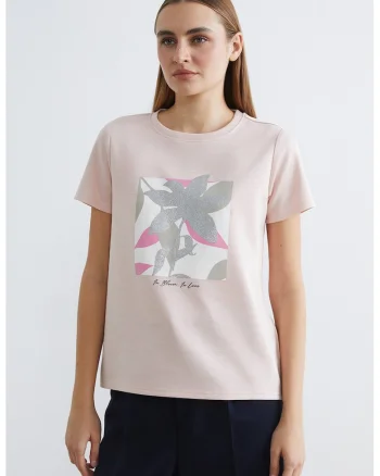 Tricou cu decolteu rotund si imprimeu stralucitor, Roz prafuit deschis/Argintiu