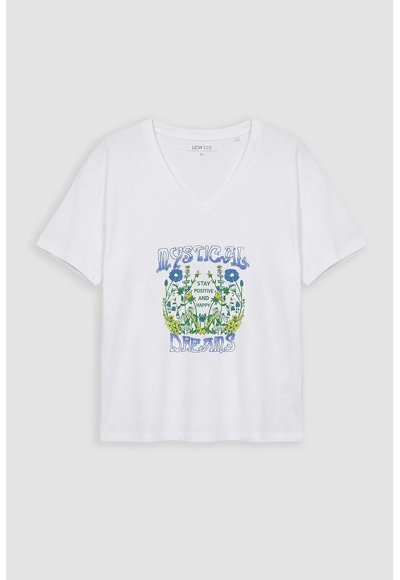 Tricou cu decolteu in V si imprimeu grafic si text, Verde/Galben/Alb optic