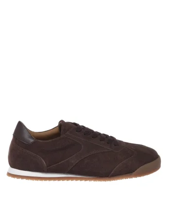 Pantofi sport din piele intoarsa cu insertii din piele ecologica, Maro inchis