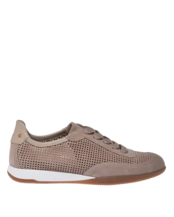 Pantofi sport din piele cu sireturi, Maro taupe/Crem