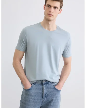 Tricou slim fit din bumbac si modal, Verde pal