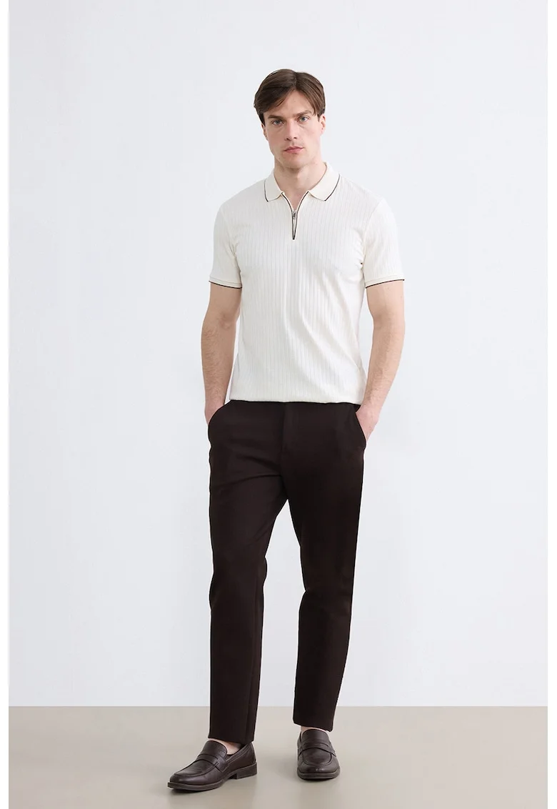Tricou polo regular fit cu fenta scurta cu fermoar, Crem