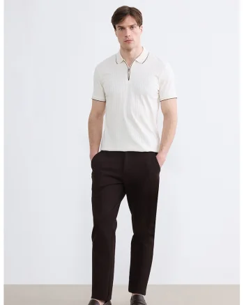 Tricou polo regular fit cu fenta scurta cu fermoar, Crem