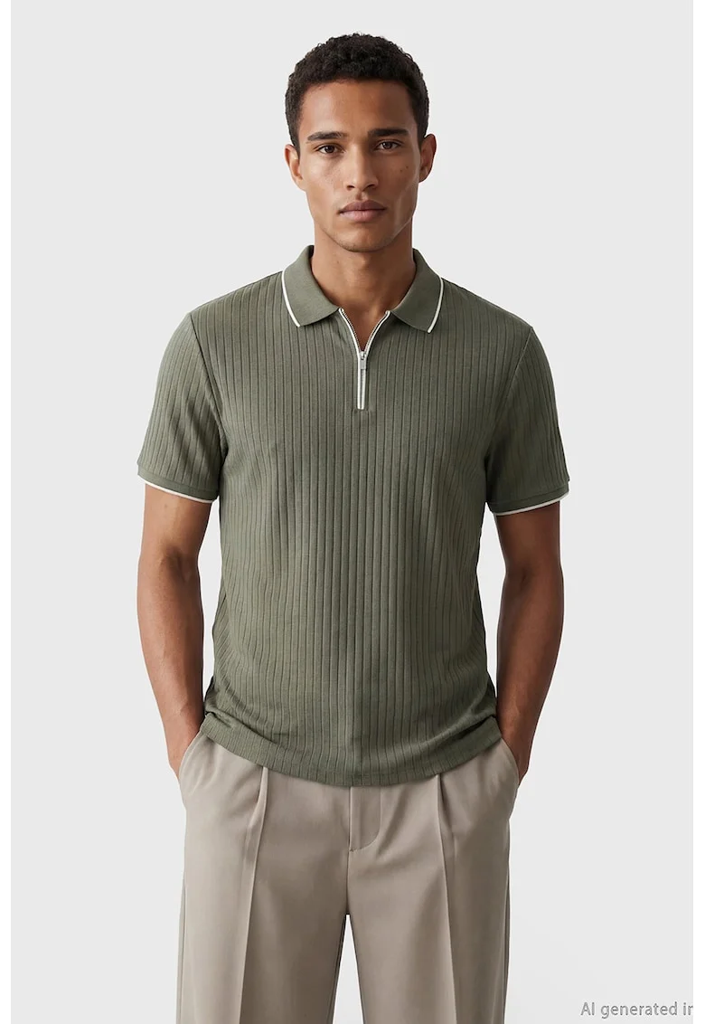 Tricou polo regular fit cu fenta scurta cu fermoar, Kaki