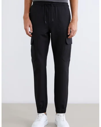 Pantaloni cargo slim fit cu terminatii elastice, Negru