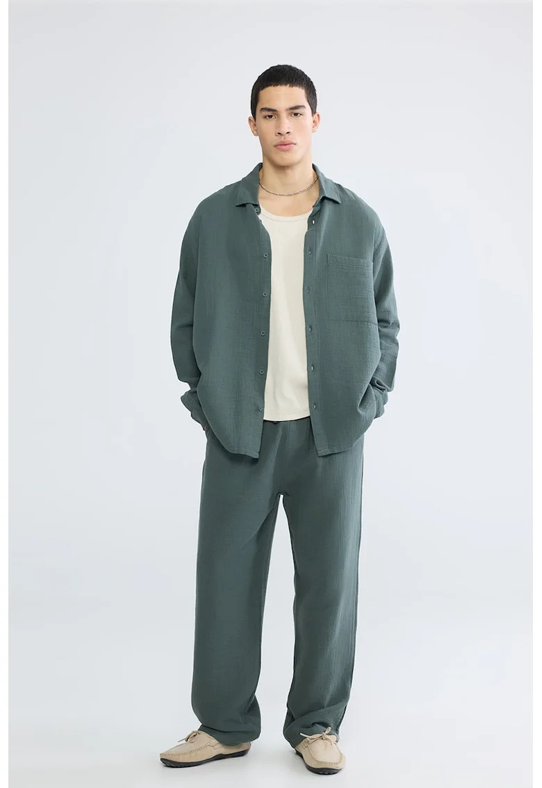 Pantaloni de bumbac cu croiala ampla si snur, Verde englez