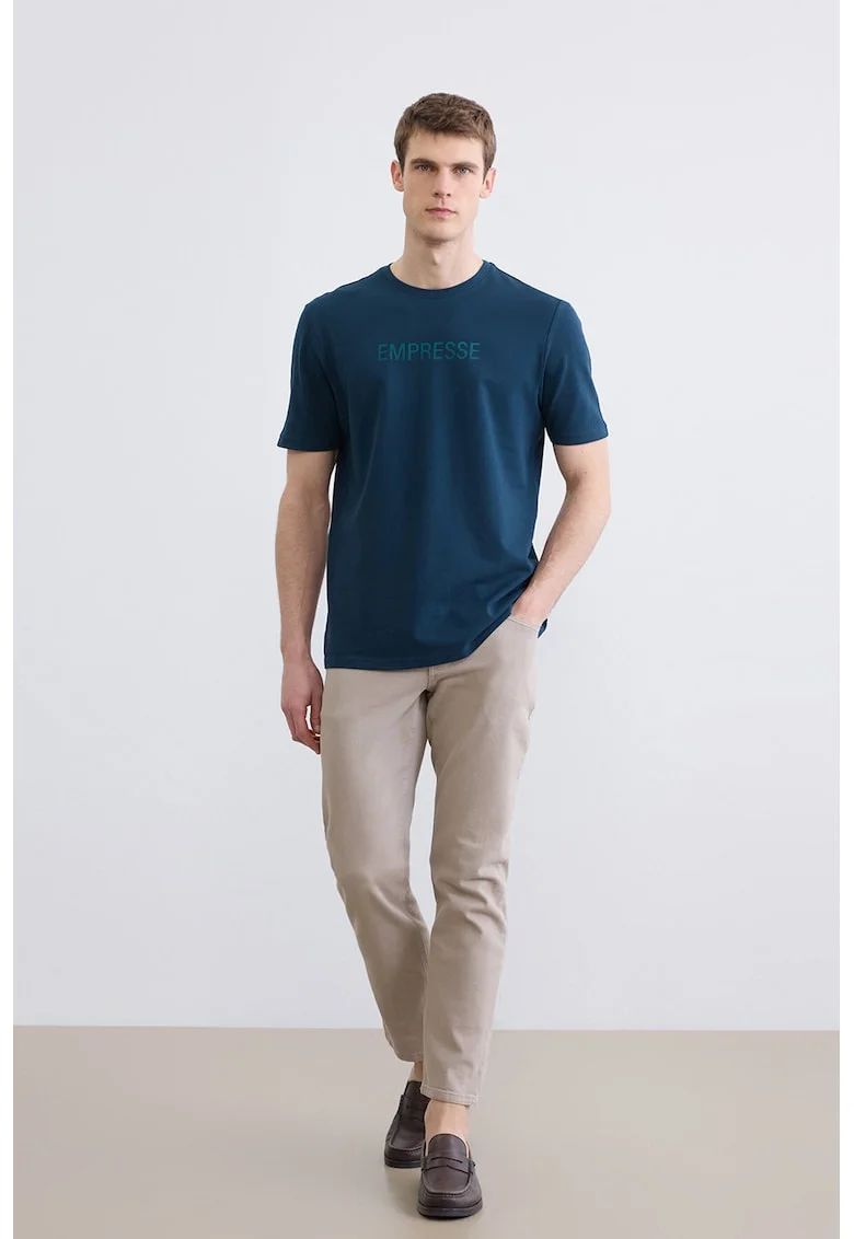 Tricou de bumbac cu decolteu la baza gatului, Albastru petrol