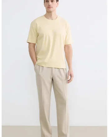 Tricou din bumbac cu decolteu la baza gatului, Galben pal
