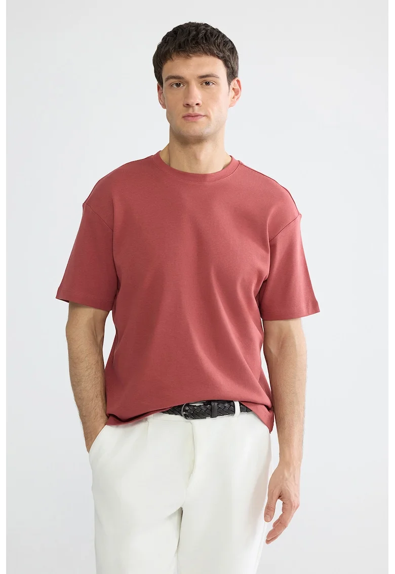 Tricou din bumbac cu decolteu la baza gatului, Coral